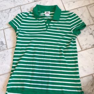 Green and white striped Lacoste polo